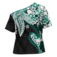 Monstera Plumeria Flowers Teal Cross Shoulder Shirt Polynesian Pattern LT01 - Polynesian Pride