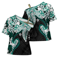 Monstera Plumeria Flowers Teal Cross Shoulder Shirt Polynesian Pattern LT01 - Polynesian Pride