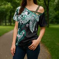 Monstera Plumeria Flowers Teal Cross Shoulder Shirt Polynesian Pattern LT01 - Polynesian Pride