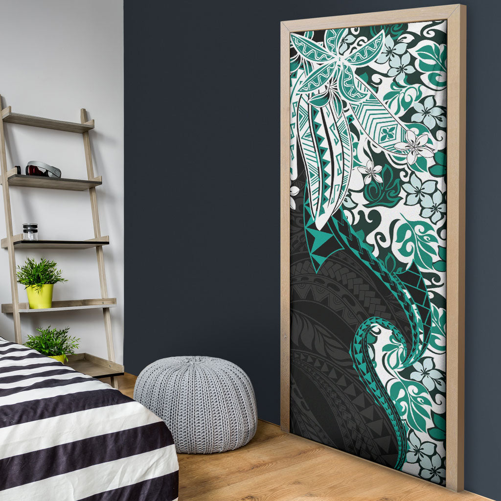Monstera Plumeria Flowers Teal Door Cover Polynesian Pattern