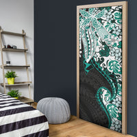 Monstera Plumeria Flowers Teal Door Cover Polynesian Pattern