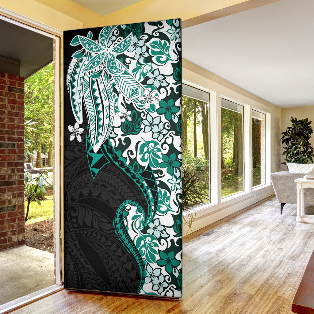 Monstera Plumeria Flowers Teal Door Cover Polynesian Pattern