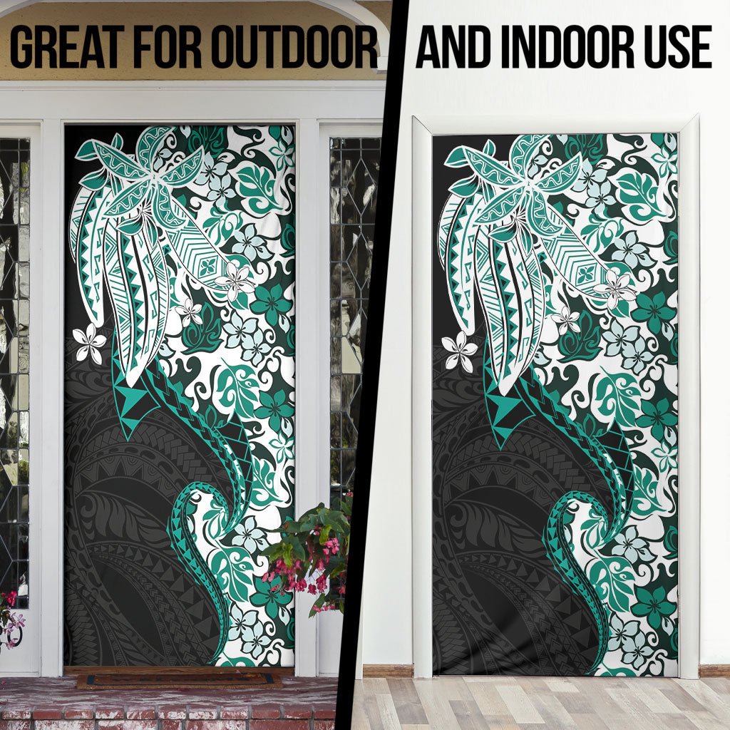 Monstera Plumeria Flowers Teal Door Cover Polynesian Pattern