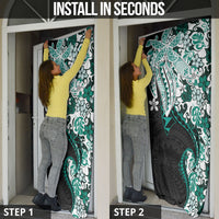Monstera Plumeria Flowers Teal Door Cover Polynesian Pattern