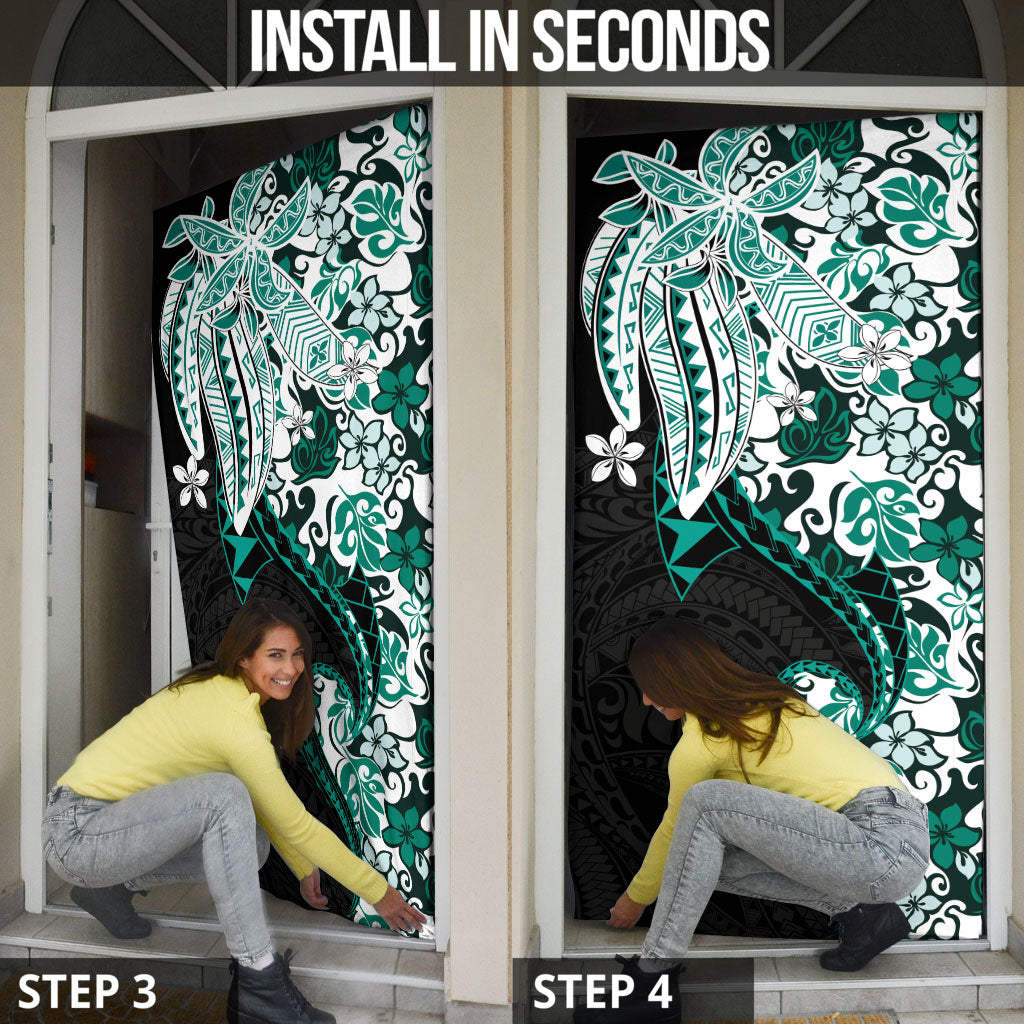 Monstera Plumeria Flowers Teal Door Cover Polynesian Pattern