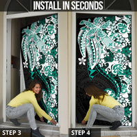 Monstera Plumeria Flowers Teal Door Cover Polynesian Pattern