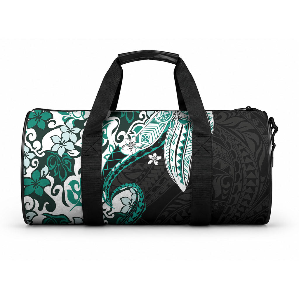 Monstera Plumeria Flowers Teal Duffle Bag Polynesian Pattern