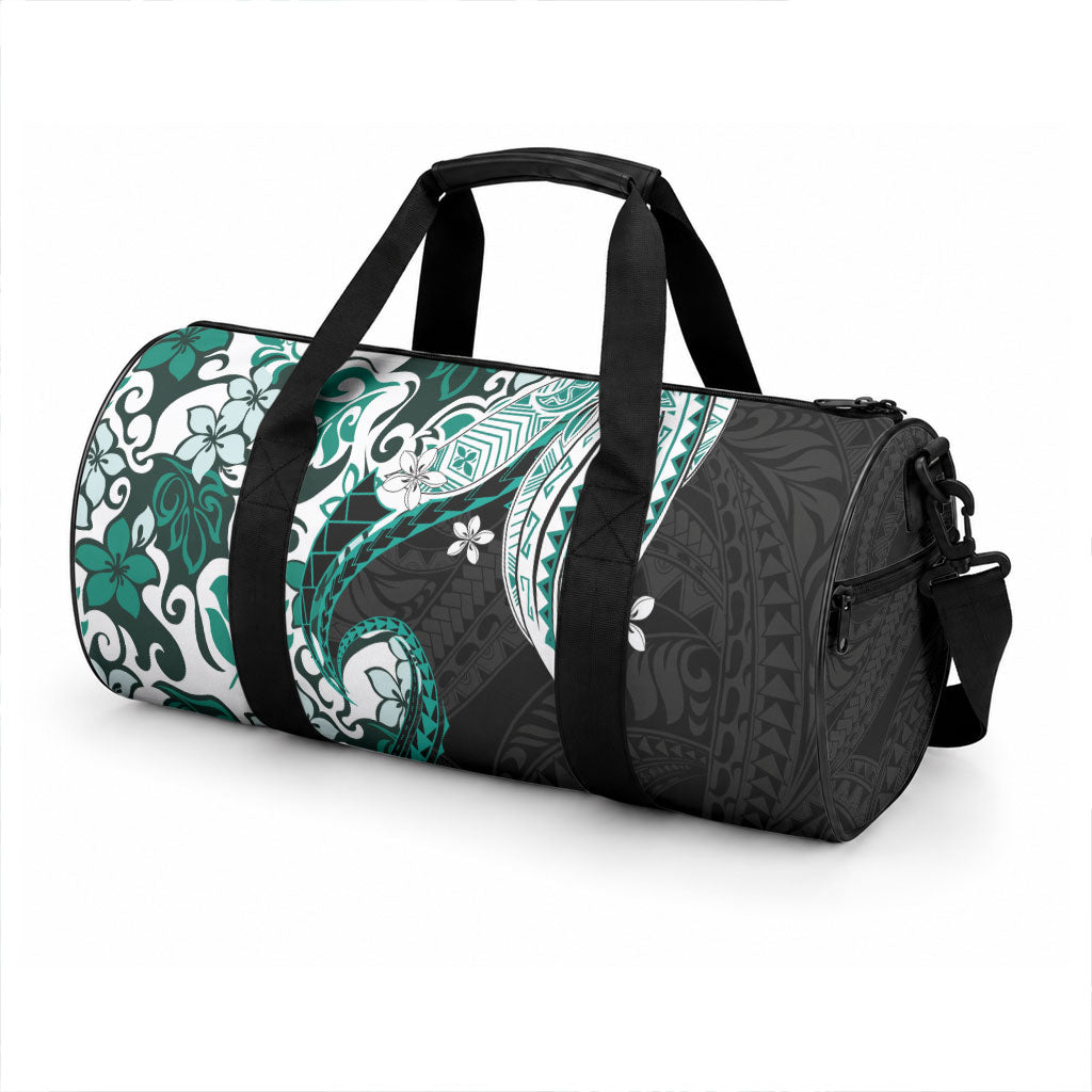 Monstera Plumeria Flowers Teal Duffle Bag Polynesian Pattern