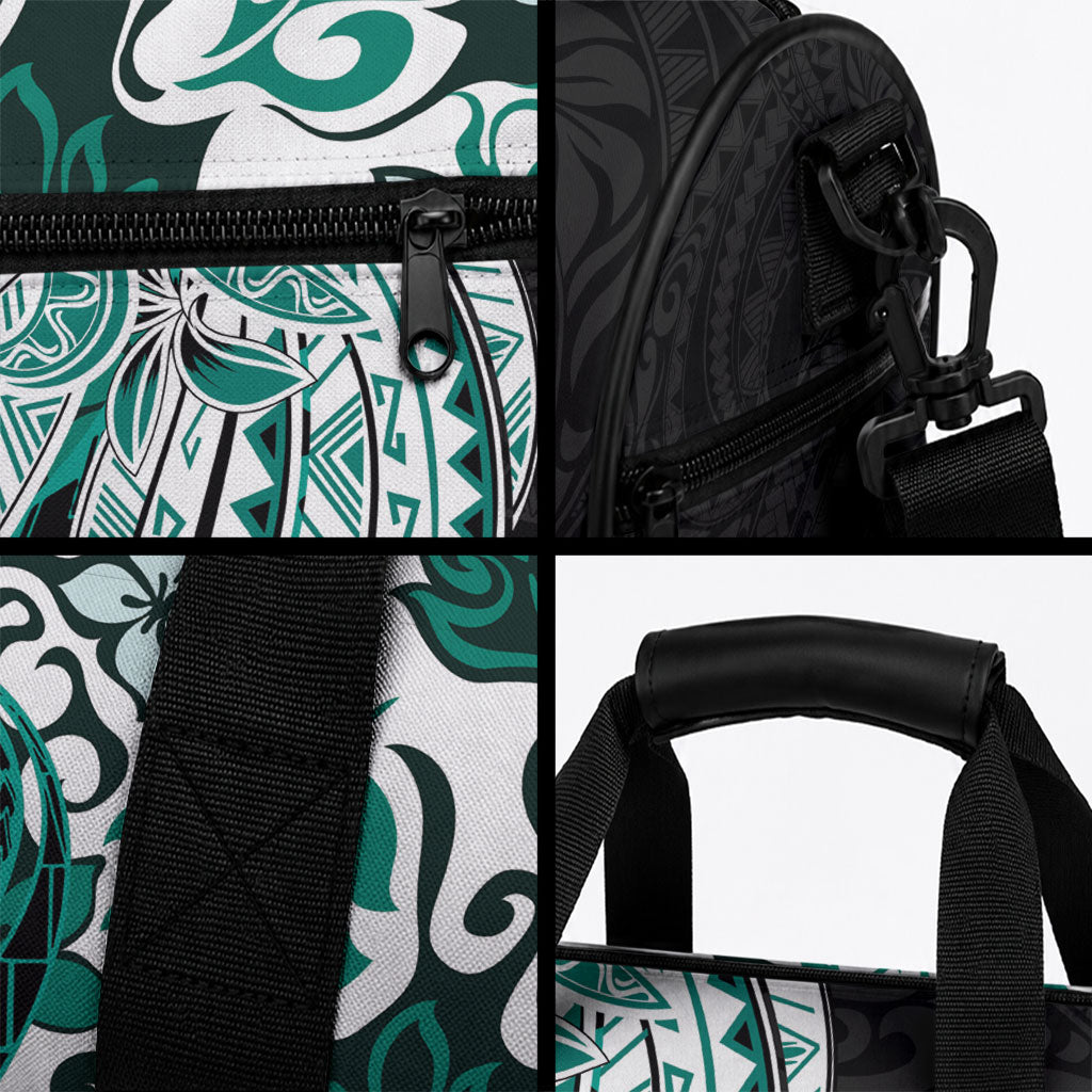 Monstera Plumeria Flowers Teal Duffle Bag Polynesian Pattern