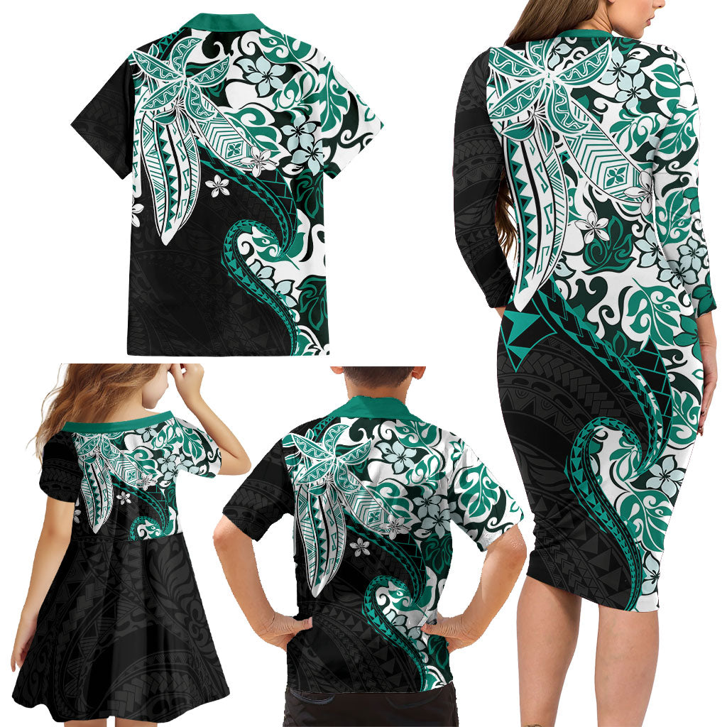 Monstera Plumeria Flowers Teal Family Matching Long Sleeve Bodycon Dress and Hawaiian Shirt Polynesian Pattern
