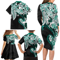 Monstera Plumeria Flowers Teal Family Matching Long Sleeve Bodycon Dress and Hawaiian Shirt Polynesian Pattern