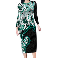 Monstera Plumeria Flowers Teal Family Matching Long Sleeve Bodycon Dress and Hawaiian Shirt Polynesian Pattern