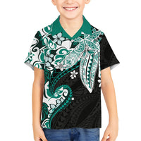 Monstera Plumeria Flowers Teal Family Matching Long Sleeve Bodycon Dress and Hawaiian Shirt Polynesian Pattern