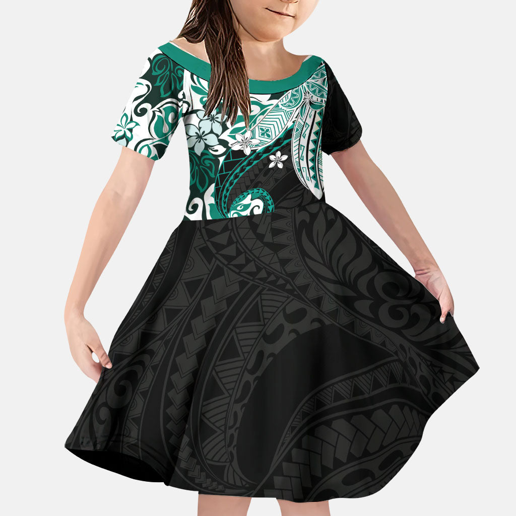 Monstera Plumeria Flowers Teal Family Matching Mermaid Dress and Hawaiian Shirt Polynesian Pattern
