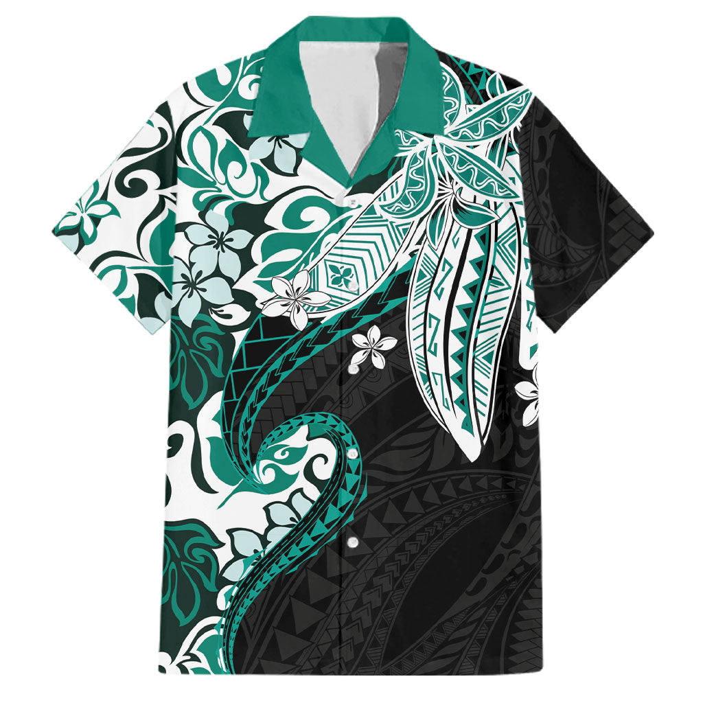 Monstera Plumeria Flowers Teal Family Matching Mermaid Dress and Hawaiian Shirt Polynesian Pattern
