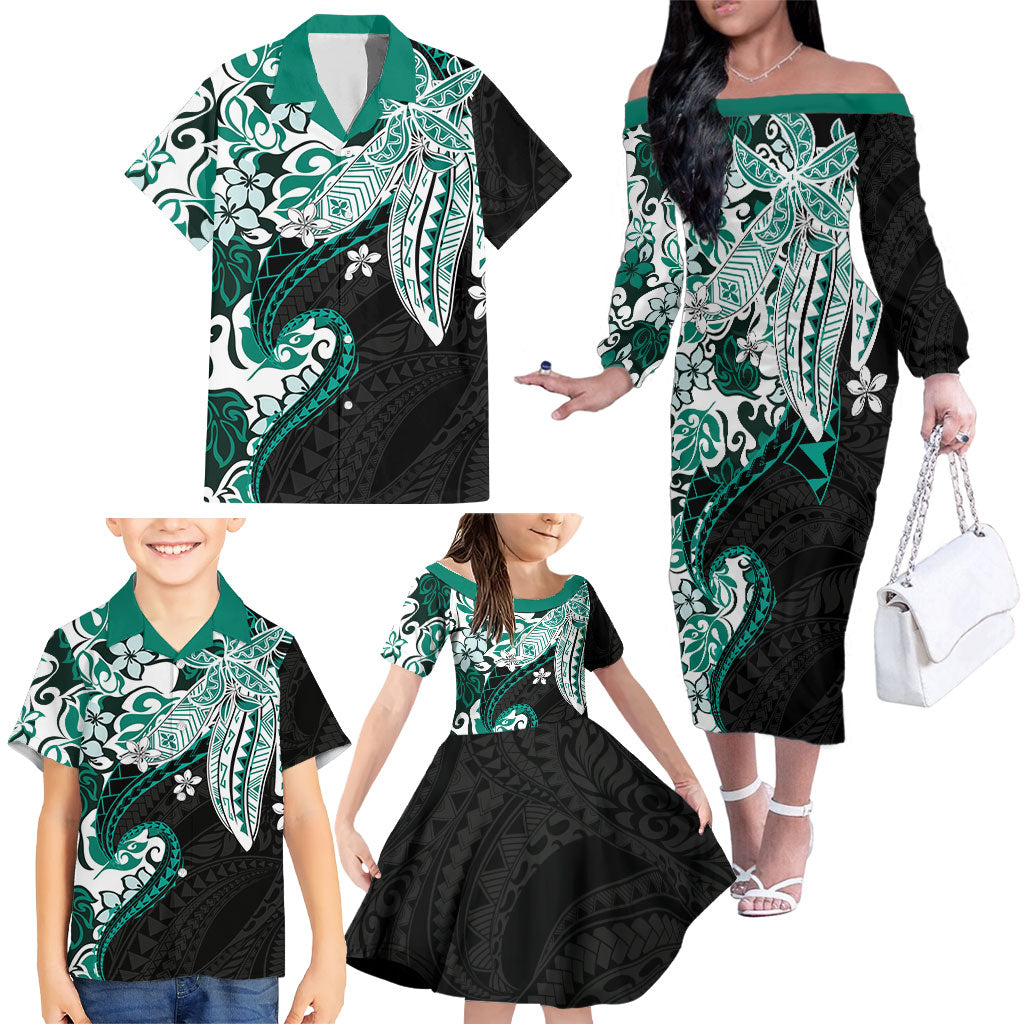 Monstera Plumeria Flowers Teal Family Matching Off The Shoulder Long Sleeve Dress and Hawaiian Shirt Polynesian Pattern LT01 - Polynesian Pride