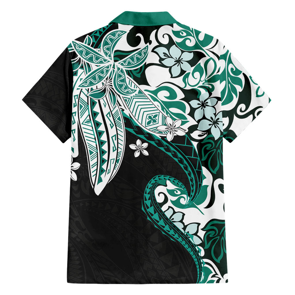 Monstera Plumeria Flowers Teal Family Matching Off The Shoulder Long Sleeve Dress and Hawaiian Shirt Polynesian Pattern