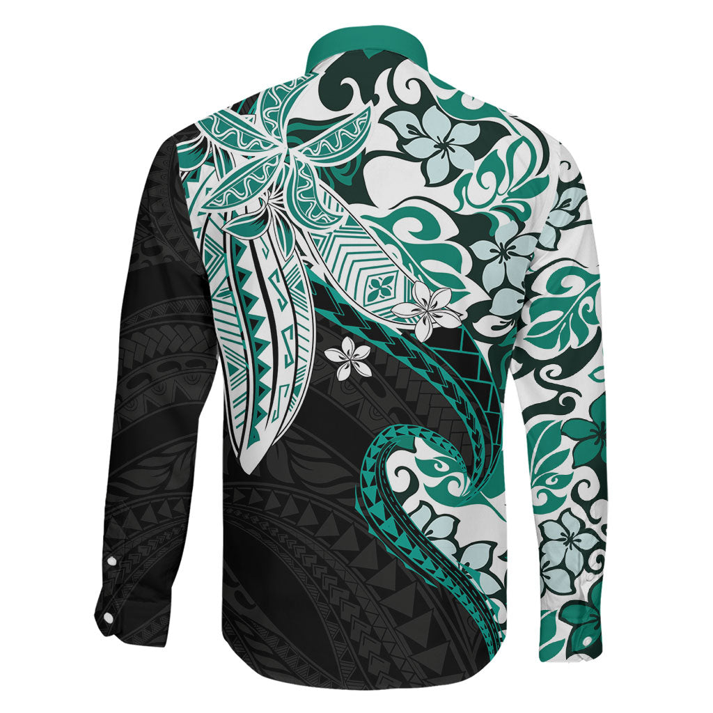 Monstera Plumeria Flowers Teal Family Matching Off The Shoulder Long Sleeve Dress and Hawaiian Shirt Polynesian Pattern