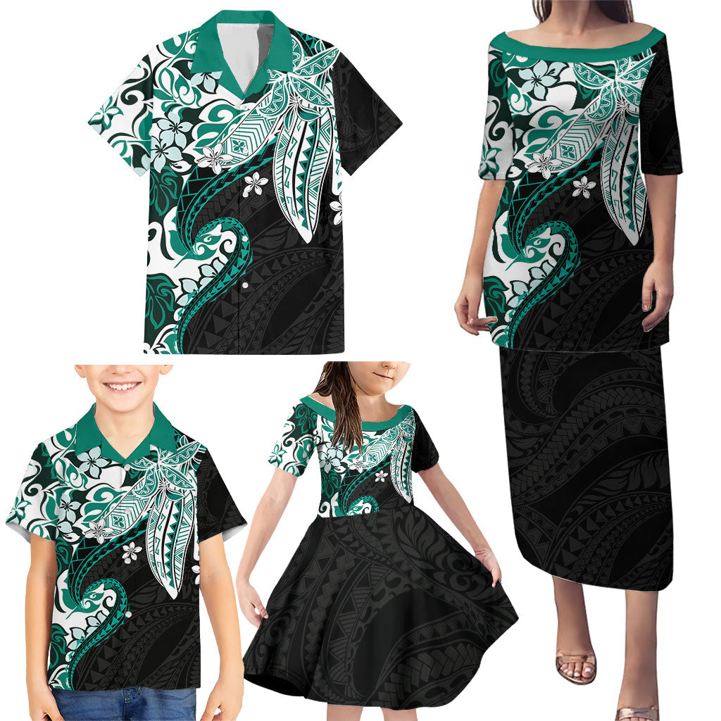 Monstera Plumeria Flowers Teal Family Matching Puletasi and Hawaiian Shirt Polynesian Pattern LT01 - Polynesian Pride