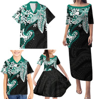Monstera Plumeria Flowers Teal Family Matching Puletasi and Hawaiian Shirt Polynesian Pattern LT01 - Polynesian Pride