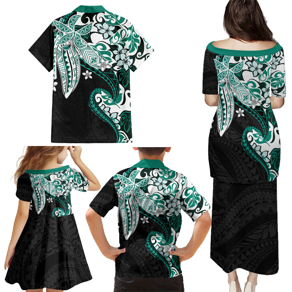 Monstera Plumeria Flowers Teal Family Matching Puletasi and Hawaiian Shirt Polynesian Pattern LT01 - Polynesian Pride