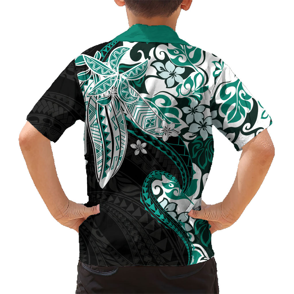 Monstera Plumeria Flowers Teal Family Matching Short Sleeve Bodycon Dress and Hawaiian Shirt Polynesian Pattern