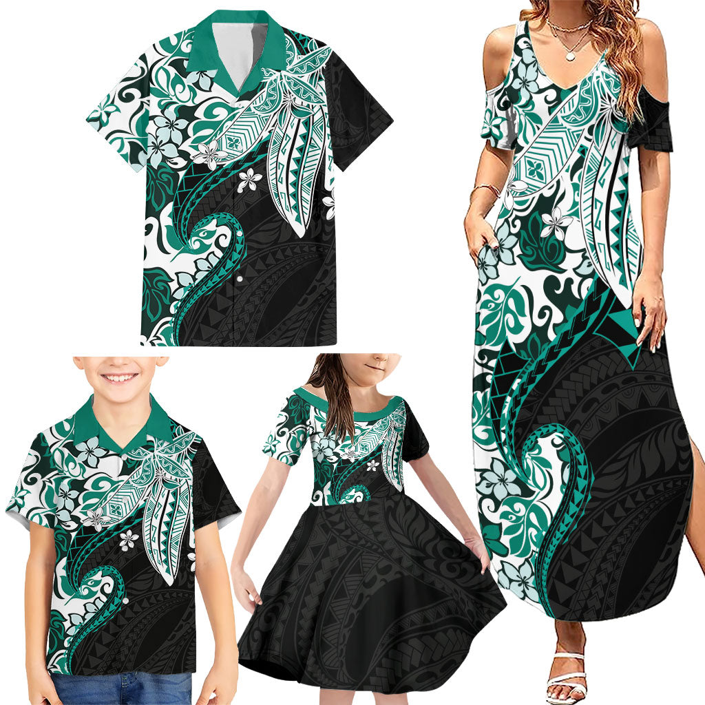 Monstera Plumeria Flowers Teal Family Matching Summer Maxi Dress and Hawaiian Shirt Polynesian Pattern LT01 - Polynesian Pride