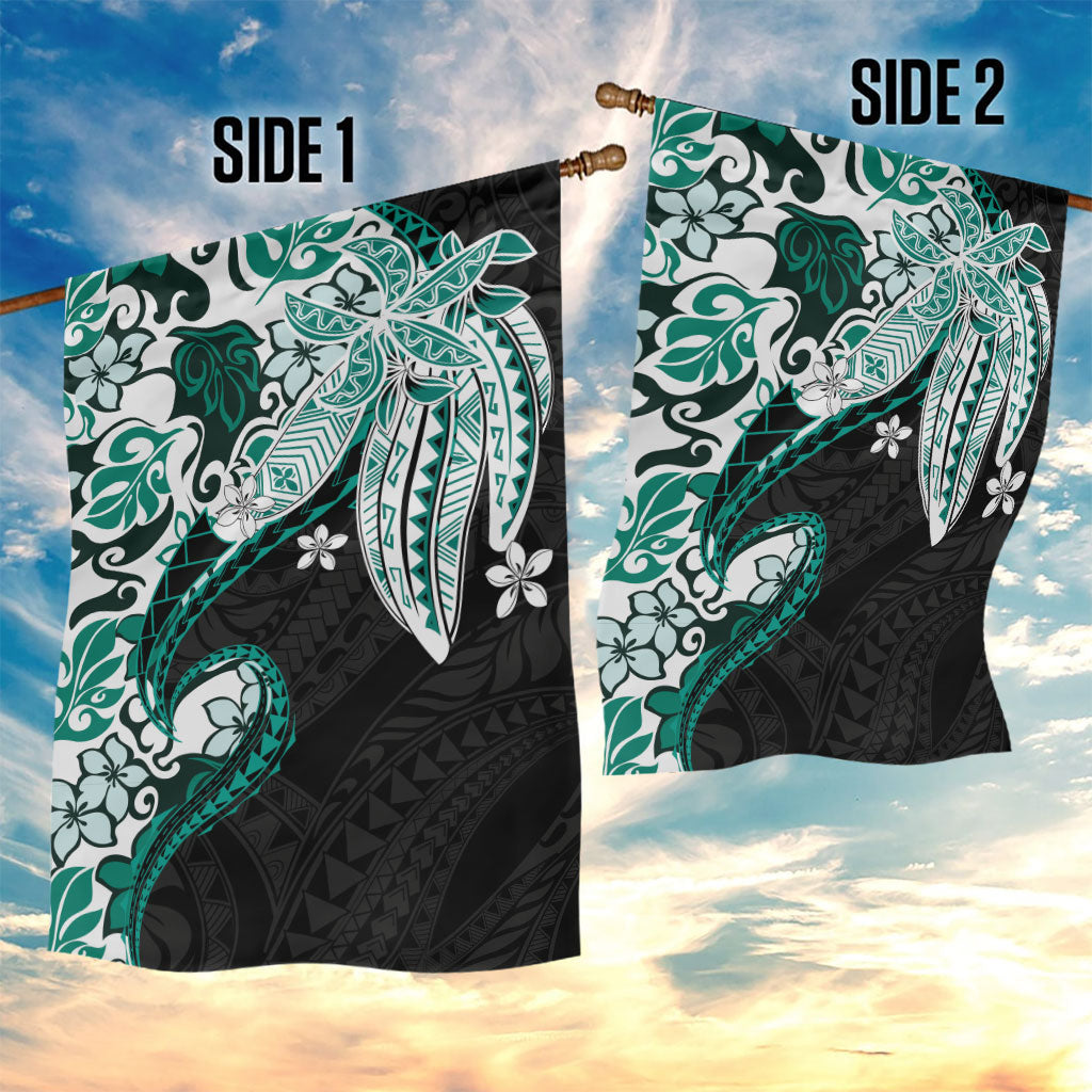 Monstera Plumeria Flowers Teal Garden Flag Polynesian Pattern