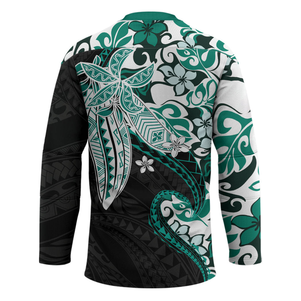 Monstera Plumeria Flowers Teal Hockey Jersey Polynesian Pattern LT01 - Polynesian Pride