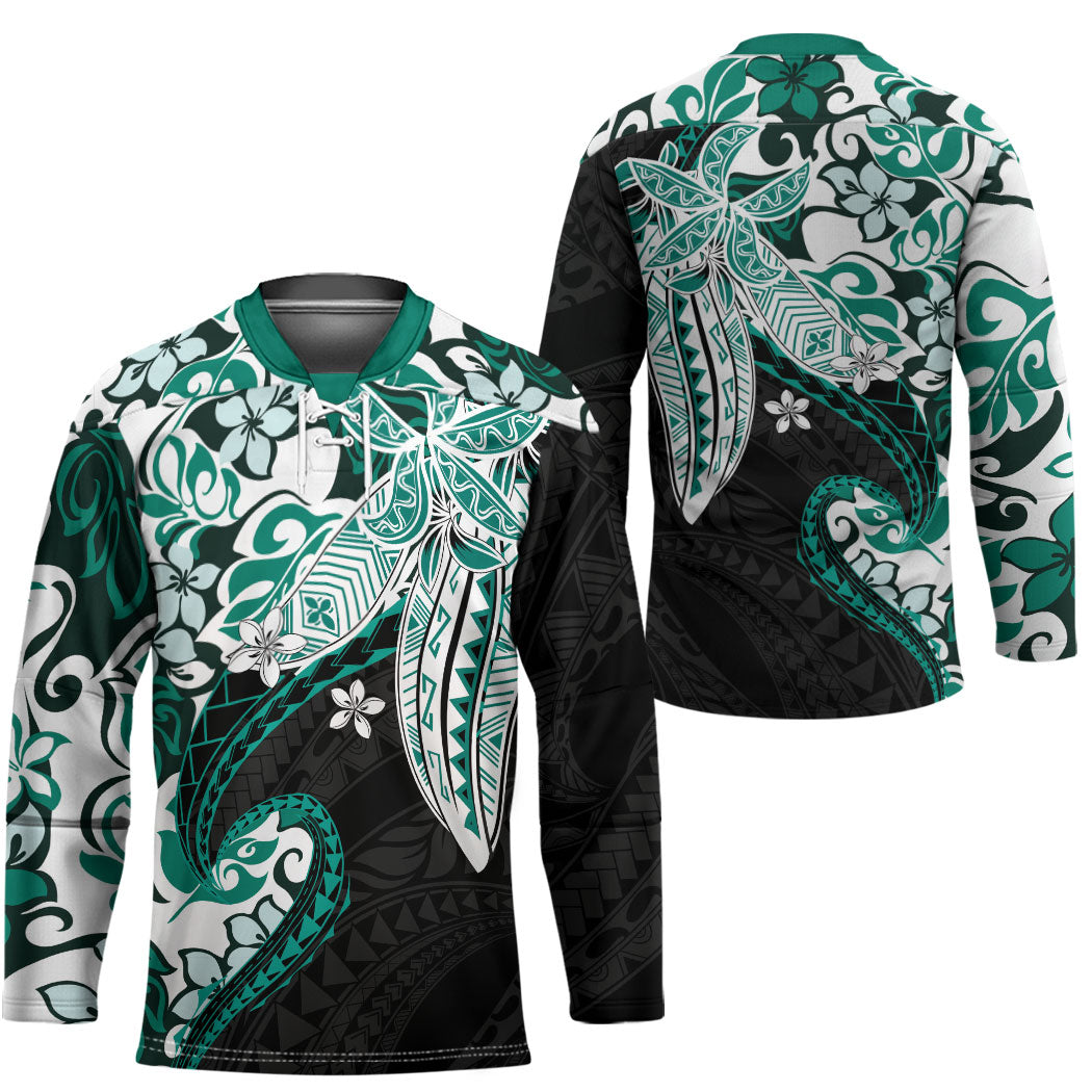 Monstera Plumeria Flowers Teal Hockey Jersey Polynesian Pattern LT01 - Polynesian Pride