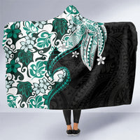 Monstera Plumeria Flowers Teal Hooded Blanket Polynesian Pattern