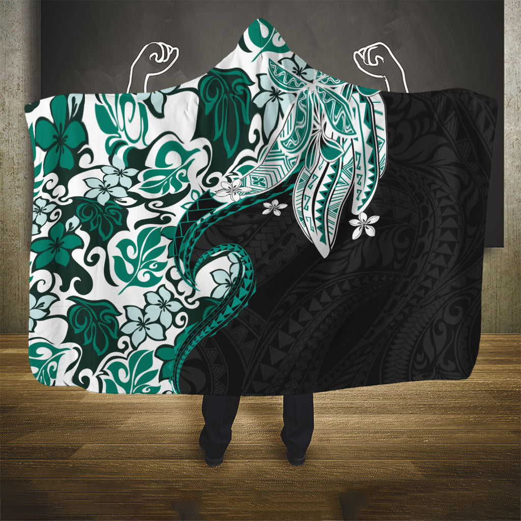 Monstera Plumeria Flowers Teal Hooded Blanket Polynesian Pattern
