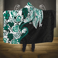Monstera Plumeria Flowers Teal Hooded Blanket Polynesian Pattern