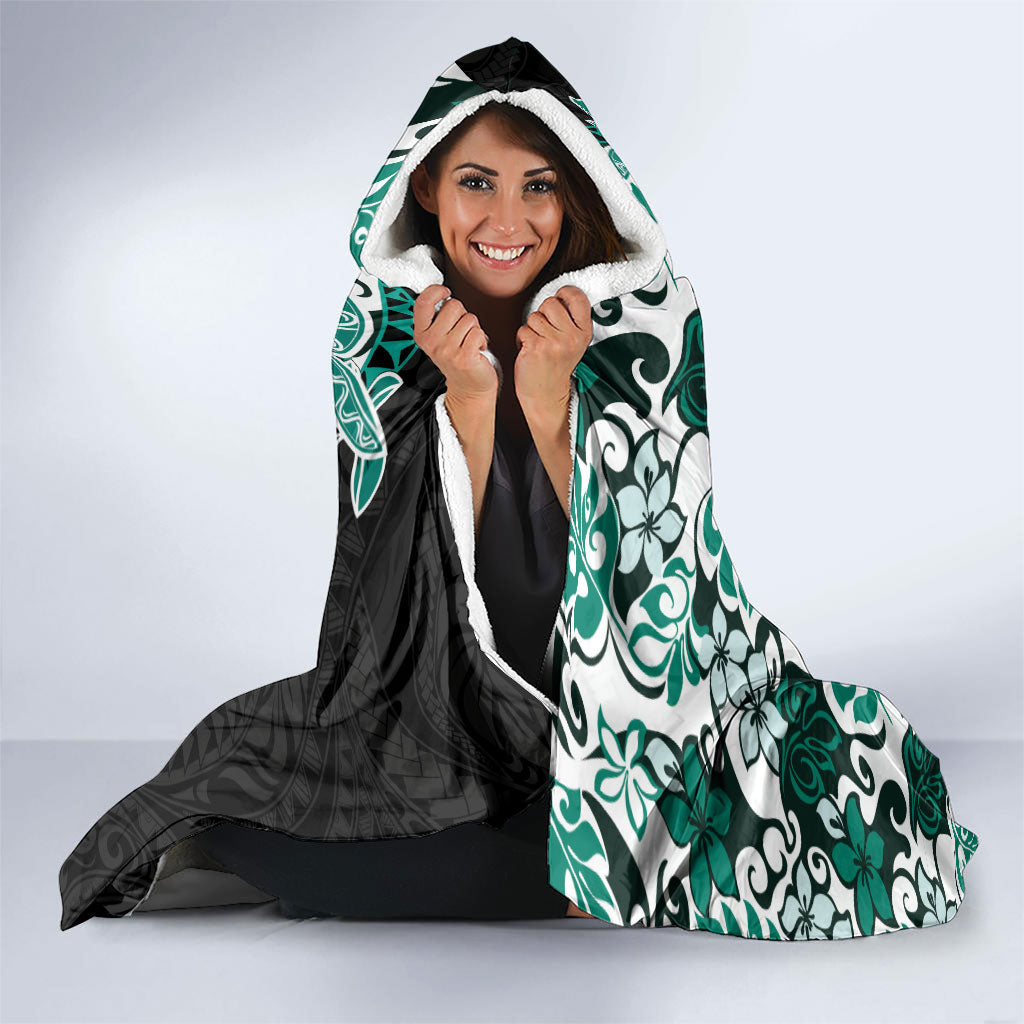Monstera Plumeria Flowers Teal Hooded Blanket Polynesian Pattern
