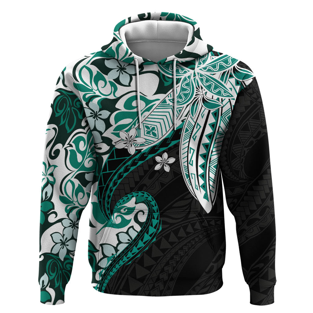 Monstera Plumeria Flowers Teal Hoodie Polynesian Pattern LT01 Pullover Hoodie Teal - Polynesian Pride