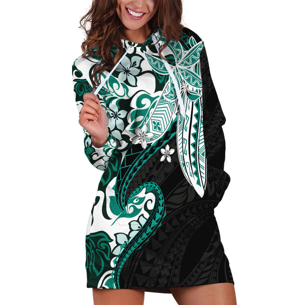 Monstera Plumeria Flowers Teal Hoodie Dress Polynesian Pattern
