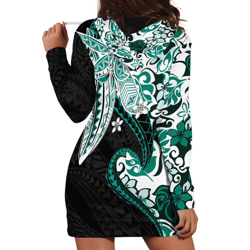 Monstera Plumeria Flowers Teal Hoodie Dress Polynesian Pattern