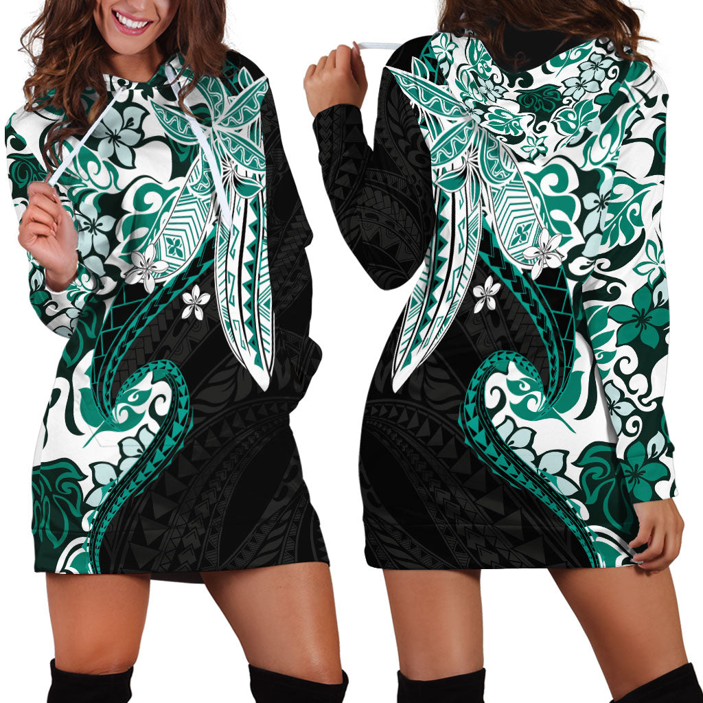 Monstera Plumeria Flowers Teal Hoodie Dress Polynesian Pattern