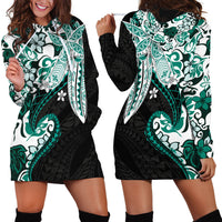 Monstera Plumeria Flowers Teal Hoodie Dress Polynesian Pattern