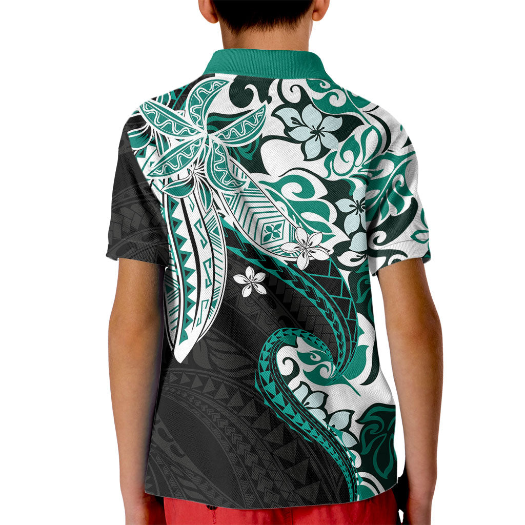 Monstera Plumeria Flowers Teal Kid Polo Shirt Polynesian Pattern LT01 - Polynesian Pride