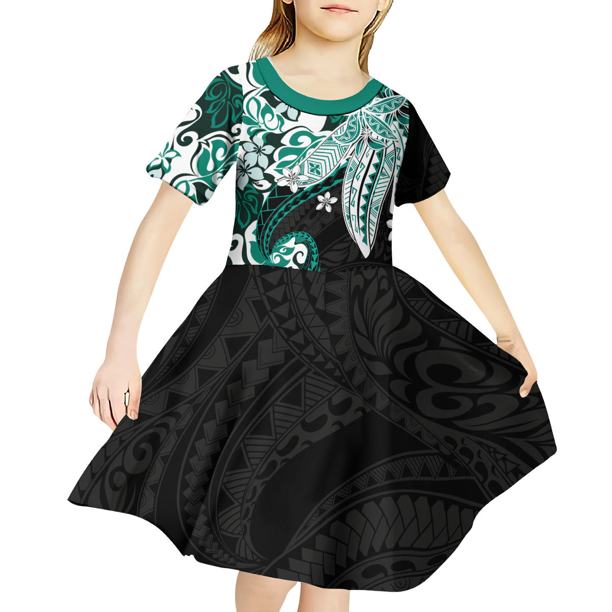 Monstera Plumeria Flowers Teal Kid Short Sleeve Dress Polynesian Pattern LT01 - Polynesian Pride