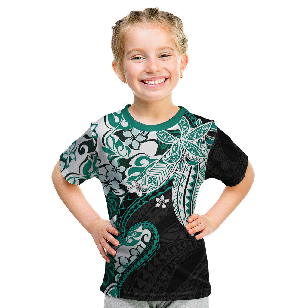 Monstera Plumeria Flowers Teal Kid T Shirt Polynesian Pattern LT01 Teal - Polynesian Pride