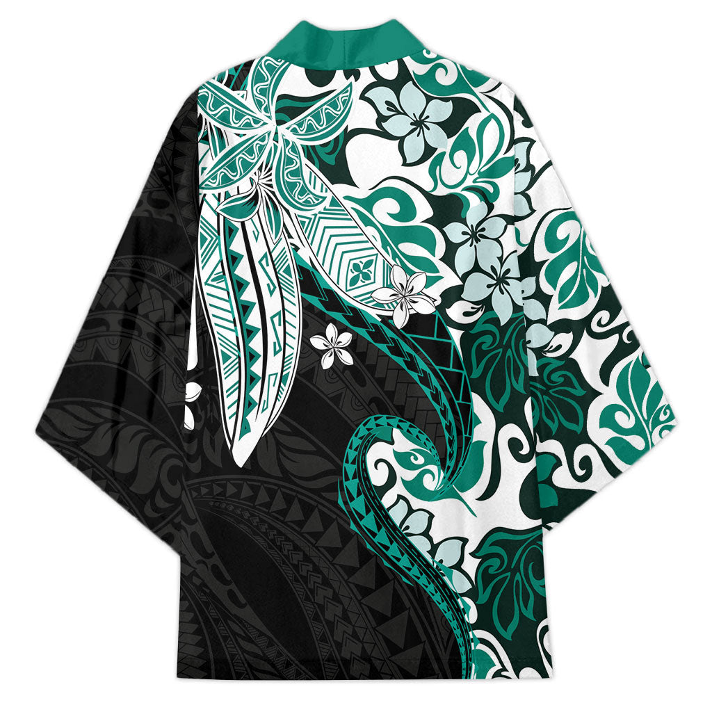 Monstera Plumeria Flowers Teal Kimono Polynesian Pattern LT01 - Polynesian Pride