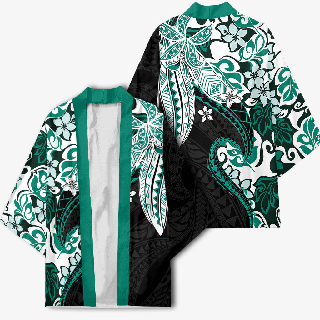 Monstera Plumeria Flowers Teal Kimono Polynesian Pattern LT01 - Polynesian Pride