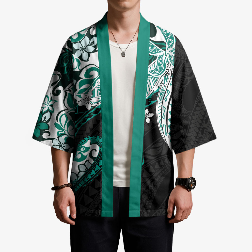 Monstera Plumeria Flowers Teal Kimono Polynesian Pattern LT01 - Polynesian Pride