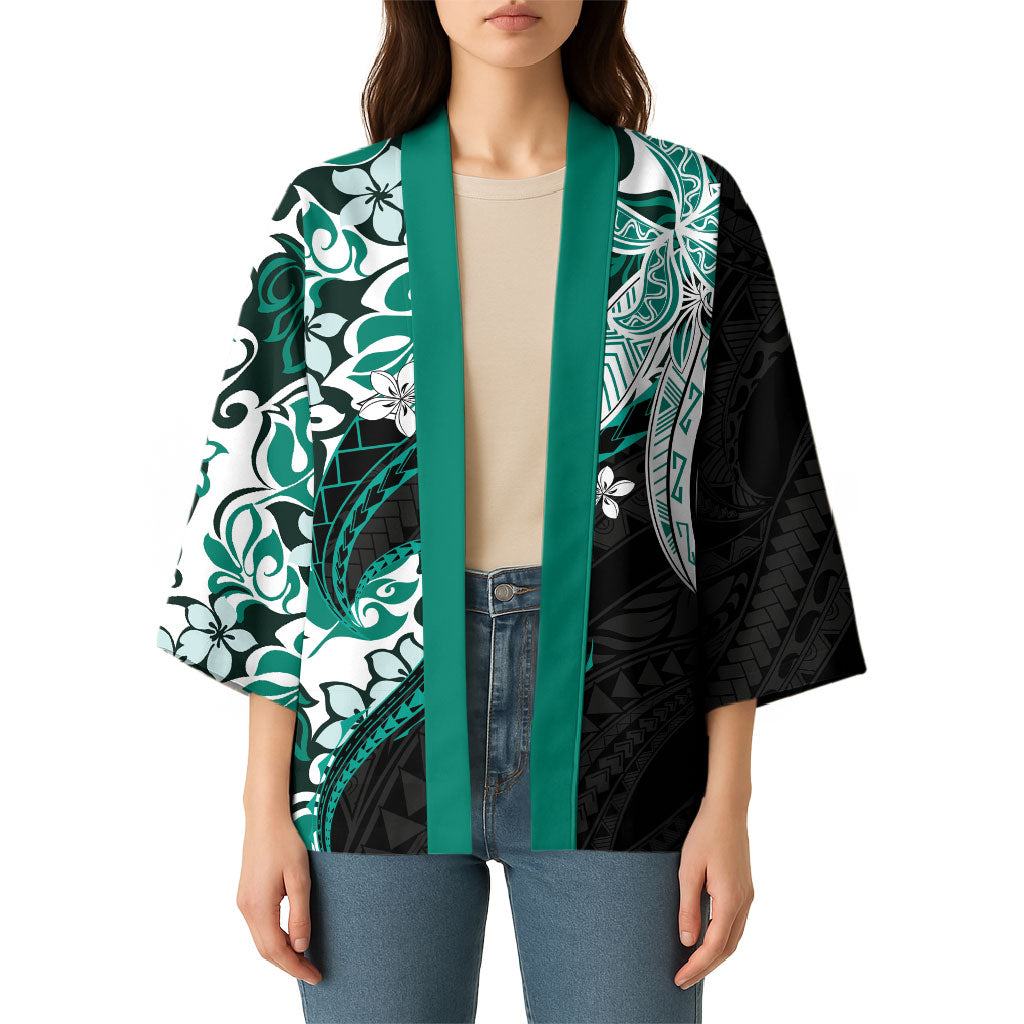 Monstera Plumeria Flowers Teal Kimono Polynesian Pattern LT01 - Polynesian Pride