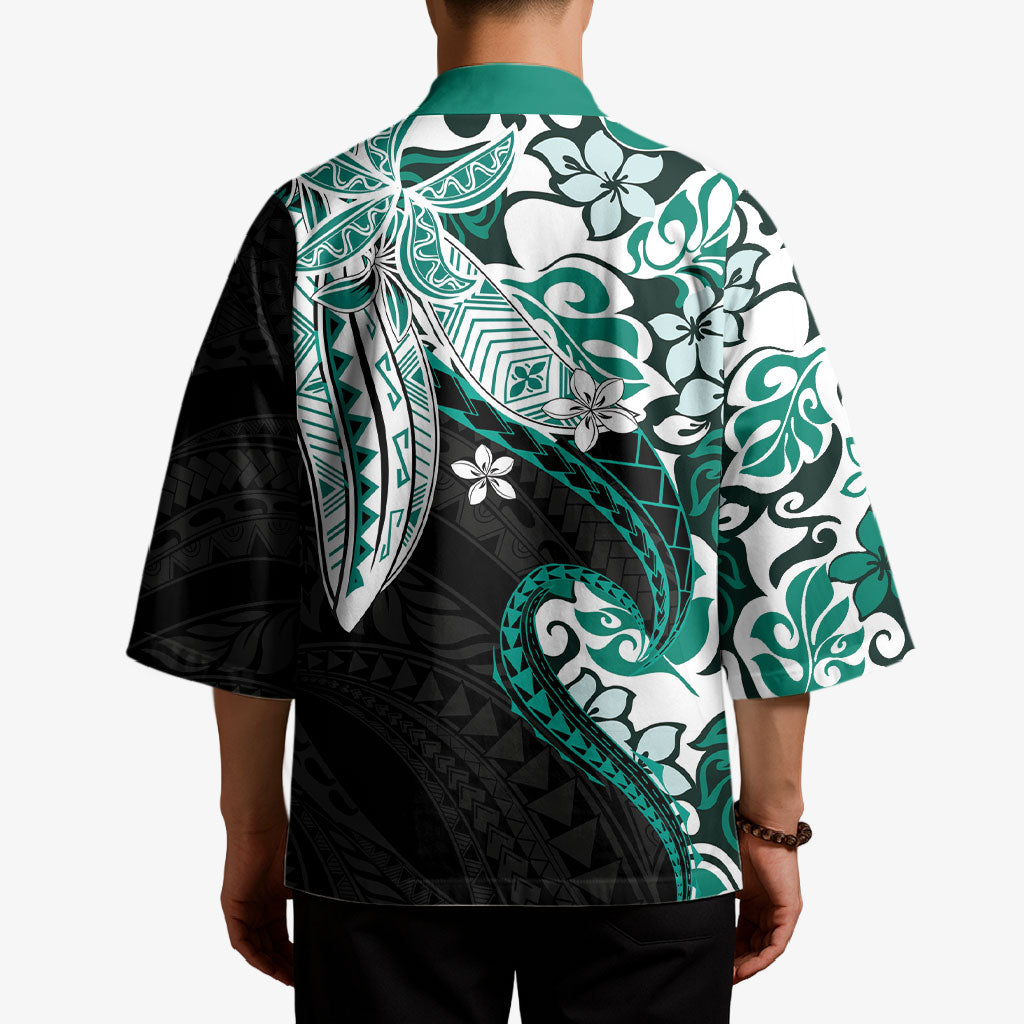 Monstera Plumeria Flowers Teal Kimono Polynesian Pattern LT01 - Polynesian Pride