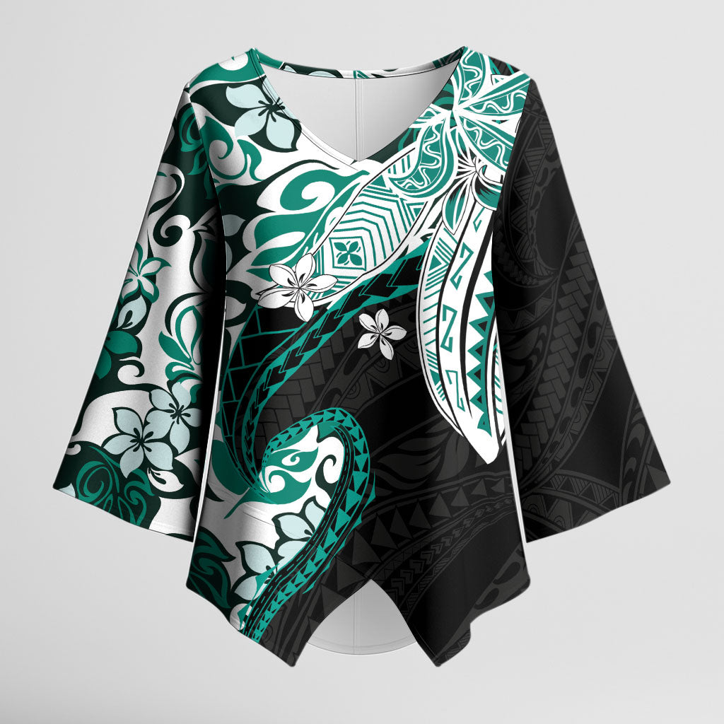 Monstera Plumeria Flowers Teal Kimono Sleeve Blouse Polynesian Pattern LT01 Female Teal - Polynesian Pride