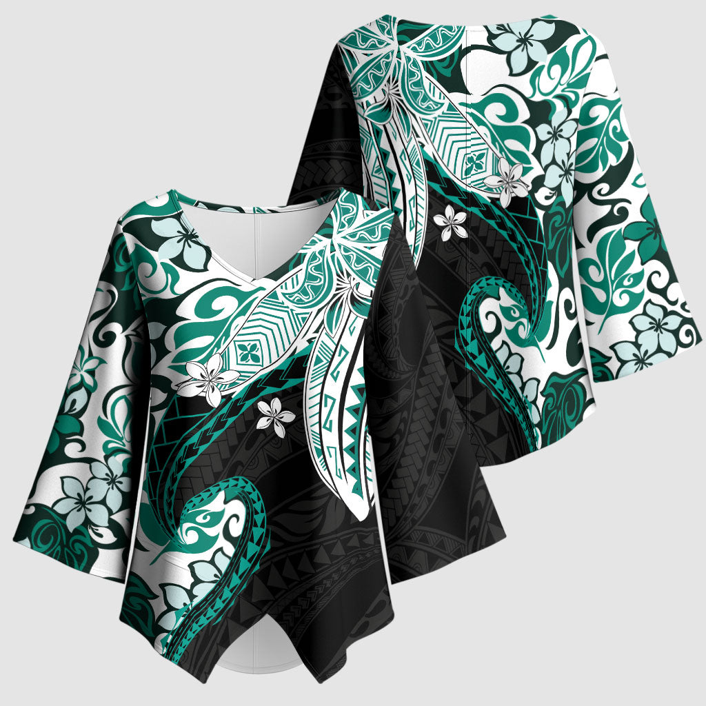 Monstera Plumeria Flowers Teal Kimono Sleeve Blouse Polynesian Pattern LT01 - Polynesian Pride
