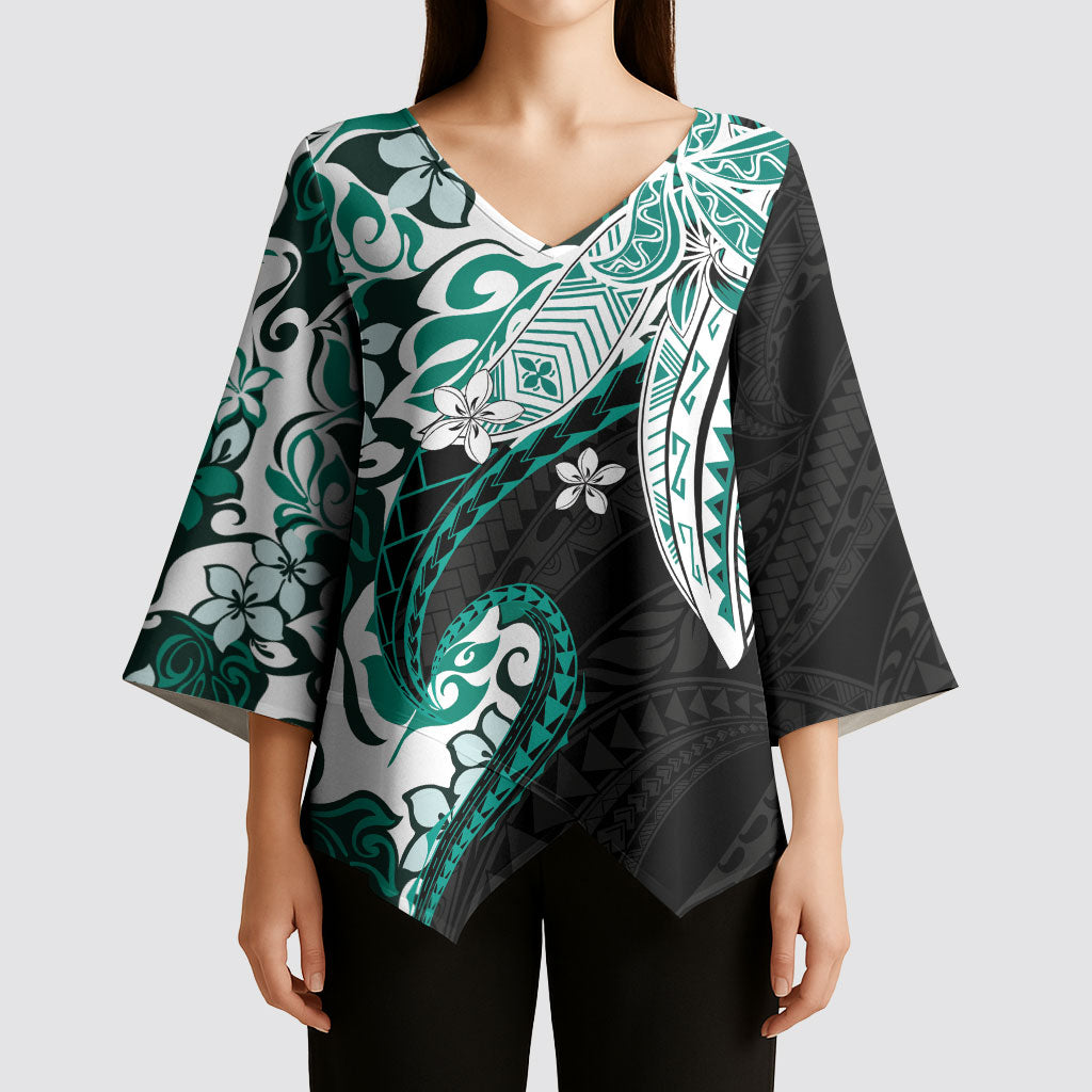 Monstera Plumeria Flowers Teal Kimono Sleeve Blouse Polynesian Pattern LT01 - Polynesian Pride